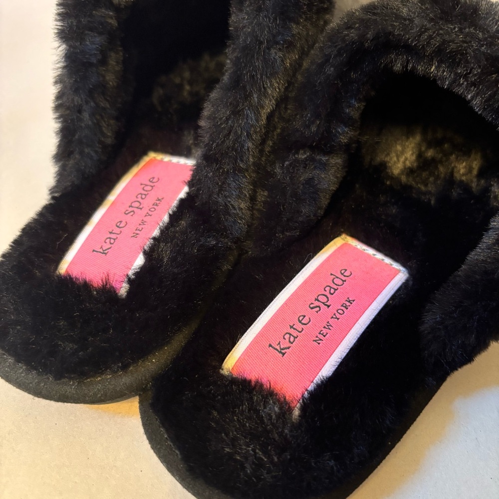 Kate Spade Black Faux Fur Glitter Slippers Size 9B - Picture 9 of 12
